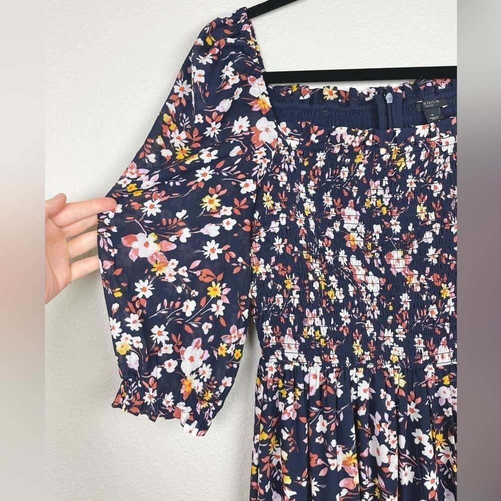 Ann Taylor Women's 4 PETITE Floral Smocked Maxi Dress Puff Sleeve Tiered Ruffle - Picture 3 of 16